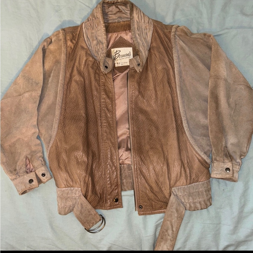 Vintage 1980s Berman’s leather beige cowl neck belted jacket - size medium